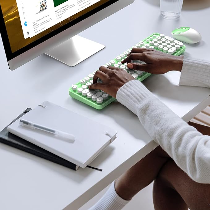 Wireless Keyboard and Mouse Combo - GEEZER Green-White Full-Sized Colorful Keyboard 104 Keys - USB 2.4 G Receiver Plug and Play with Round Keycap Typewriter Keyboards, for Windows, PC, Laptop, Desktop