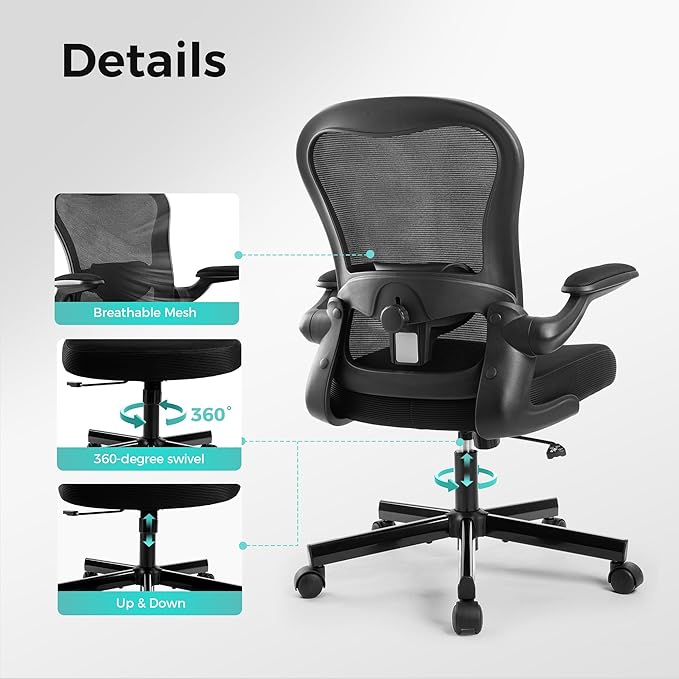 ALPHA HOME Office Chair Ergonomic, Mesh Computer Chair with Lumbar Support Executive Stool with Flip-up Armrest & Padded Cushion, BIFMA & SGS Certified
