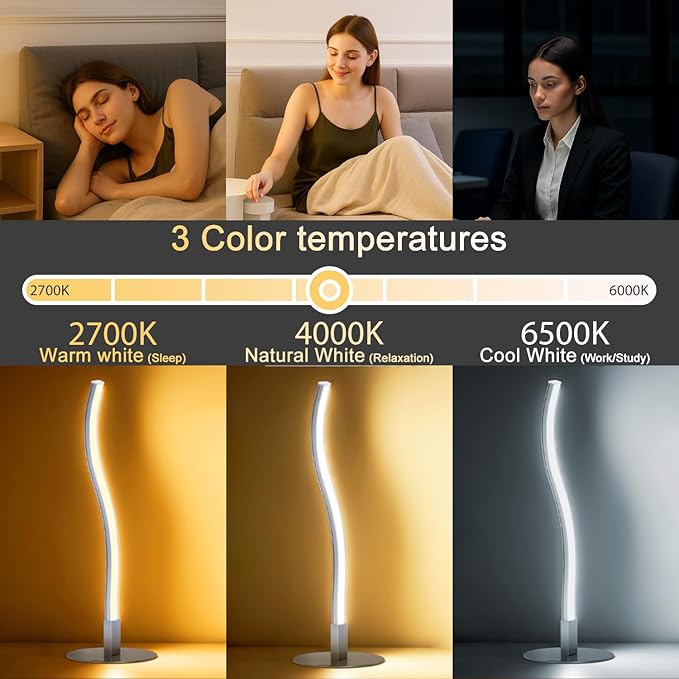 Spiral Lamp for Office,3 CCT 2700K/4500K/6500K Stepless Dimmable Silver Table lamp with USB Adapter,Modern Nightstand Lamp,Unique Bedside Table Lamps,Small Lamp for Nightstand,Living Room,Bedroom