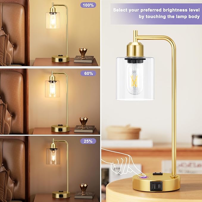Innqoo Industrial Gold Table Lamp for Bedrooms Set of 2-3-Way Dimmable Desk Lamp with USB C+A Ports and Outlet, Gold Lamps with Clear Glass Shade for Living Room, Desk Lamps for Home Office