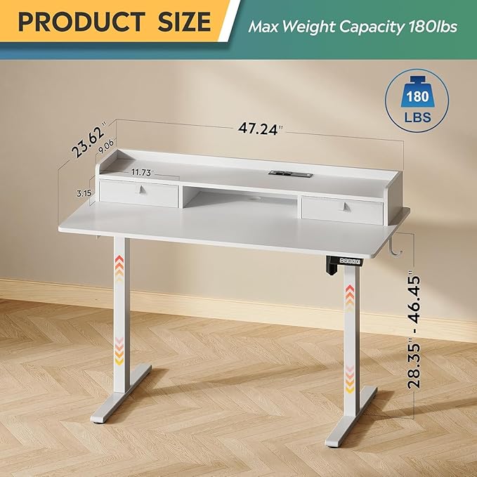 DEVAISE 48×24 Inch Electric Standing Desk with Drawers, Computer Desk with 3 Adjustable Height, Storage Shelf, Built-in AC & USB Outlets and Memory Preset, Sit to Stand Desk for Home Office, White