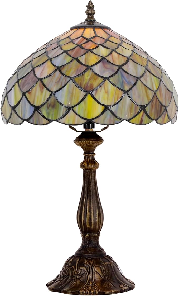Tiffany Lamp Touch Control Table Lamp Yellow Green Stained Glass Desk Lamp 12X12X19 Inches Fish Scales Style Reading Light