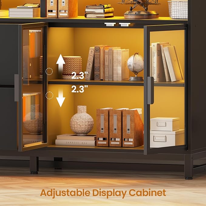 SEDETA 59" File Cabinet, 2 Drawers Filing Cabinets for Home Office fit Legal/Letter/A4 File, File Cabinet with Lock & Power Outlets, Printer Stand with Storage & LED Lights, Black