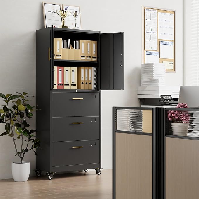 METAN Metal File Cabinet with 3 Drawers and 1 Shelves,Office Filing Cabinet on Wheels with Lock,Office Storage for Letter/Legal Size,Assembly Required,Black