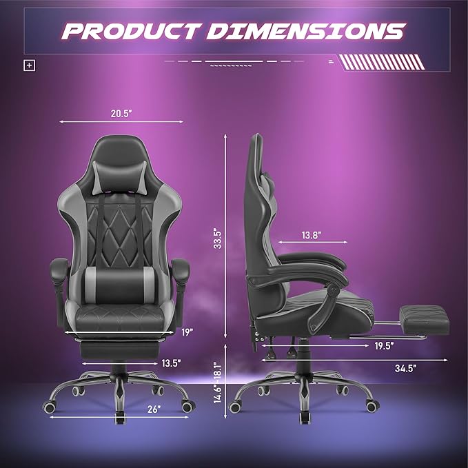 Homall Gaming Chair, Computer Chair with Footrest and Massage Lumbar Support, Ergonomic High Back Video Game Chair with Swivel Seat and Headrest (Grey)