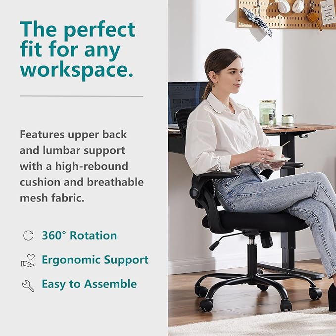 SMUG Office Computer Desk Chair, Ergonomic Mid-Back Mesh Rolling Work Swivel Task Chairs with Wheels, Comfortable Lumbar Support, Comfy Flip-up Arms for Home, Bedroom, Gaming, Study, Student