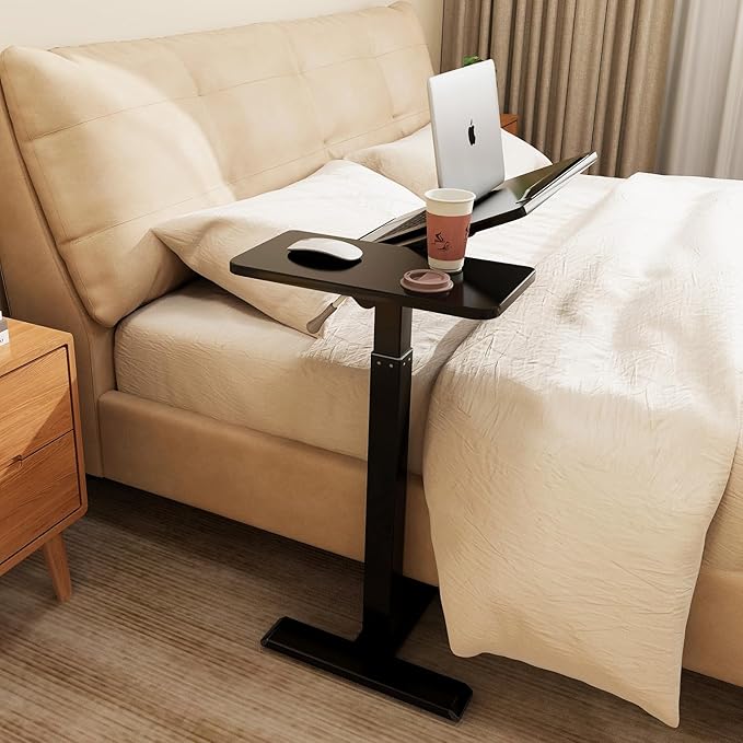 PUNCIA Height Adjustable Overbed Table with Pneumatic Lift and Wheels Split Top Tilting Tray and Rolling Laptop Desk – Bedside Cart for Reading Computer Work Study in Bedroom and Home Office