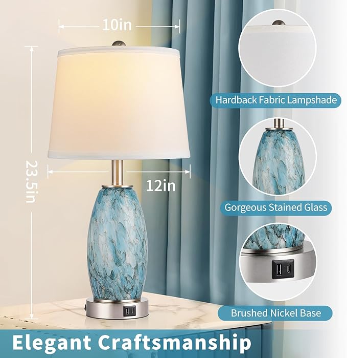 Table Lamps Set of 2 with 3-Way Lighting Modes, USB & Type C Ports - Coastal Modern Style Glass Nightstand Lamps for Living Room & Bedroom Decoration (23.5" H)
