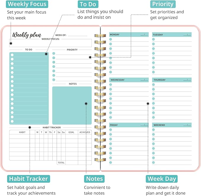 Undated Weekly Planner, Weekly To Do List Notebook with Goal & Habit Tracker Organizer, A5 Weekly Planner Notebook with Spiral Binding, 6.1" x 8.2" - Rosy
