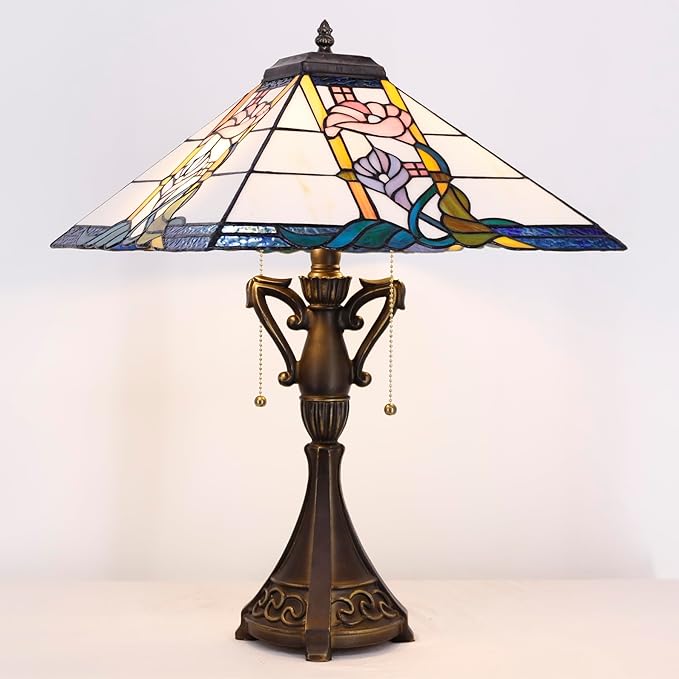 Tiffany Table Lamp Stained Glass Square Pink Flower Mission Style Desk Reading Light 16X16X24 Inch for Bedroom Living Room Home Office