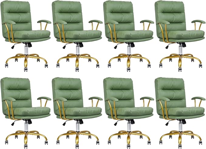 Leather Home Office Desk Chair, Mid-Back Vanity Chair Make Up Chair with Gold Wheels and Armrests, Rolling Swivel Computer Task Chair for Office Bedroom Living Room Girls Women, Green, 8 Pack