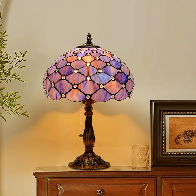 Tiffany Lamp Vintage Deep Blue Stained Glass Bead Table Lamp Desk Bedside Reading Light Decor Bedroom Living Room Home Office D12*H18 Inches