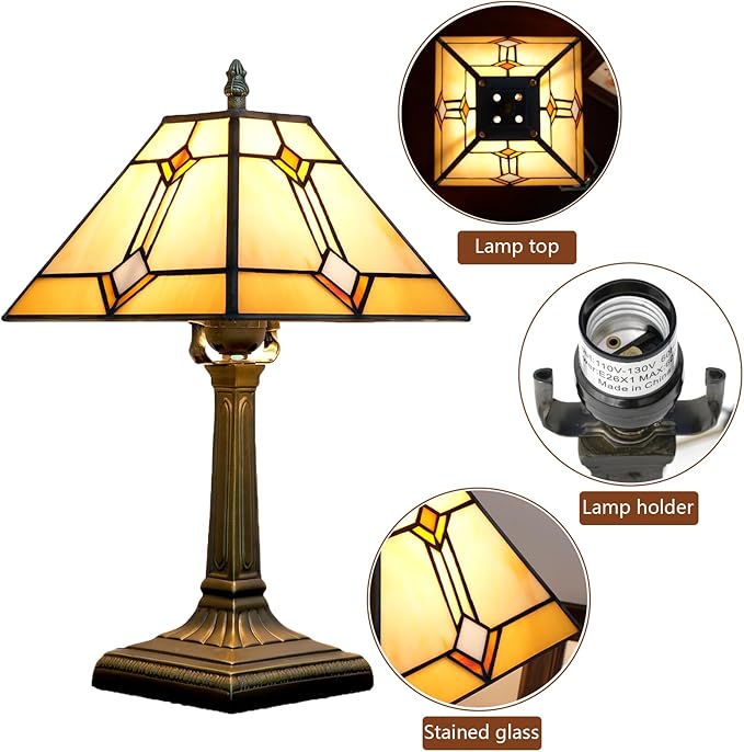 Tiffany Table Lamp Mission Style Stained Glass Table Light Yellow Antique Desk Lamp Vintage Beside Reading Lamp for Home Living Room Bedroom Office