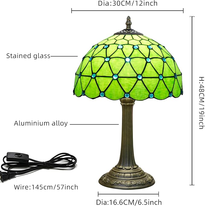 Green Tiffany Lamp For Bedrooms Bedside Stained Glass Table Lamp Farmhouse Lamps Night Stands Retro Traditional Nightstand Desk Decor Blue Beads Side Living Room End Desk Reding Lighting 12x12x19 Inch