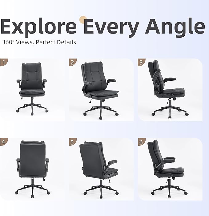 VINGLI Comfy Black Leather Office Desk Chair,Ergonomic High-Back Support Computer Gaming Chair with/No Wheels,Dual-Base,Adjustable Height,Flip-Up Arms,360° Swivel Rolling Task Chair for Home Office