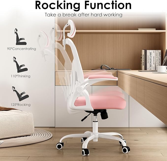 Farini Ergonomic Office Chair, Home Office Desk Chair with Headrest, High Back Computer Chair with Armrests and Adjustable Lumbar Support for Home Office Study Room, White & Pink
