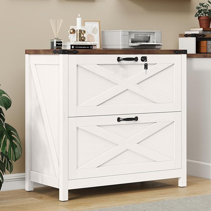 2 Drawer File Cabinet with Lock, Farmhouse Lateral Filing Cabinet Fits Letter/A4/F4/Legal Size, Wooden File Cabinets Printer Stand for Home Office, White
