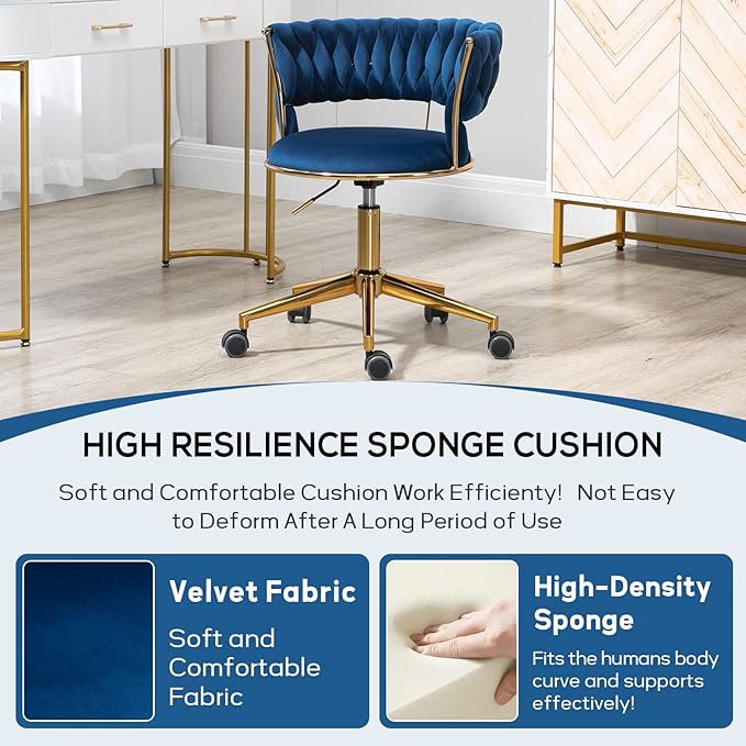 NIOIIKIT Velvet Office Desk Chair with Hand Woven Backrest, 360° Swivel & Height Adjustable Task Chairs, Makeup Chair, Living Room Chairs with Stainless Base and 5 Wheels (Navy)