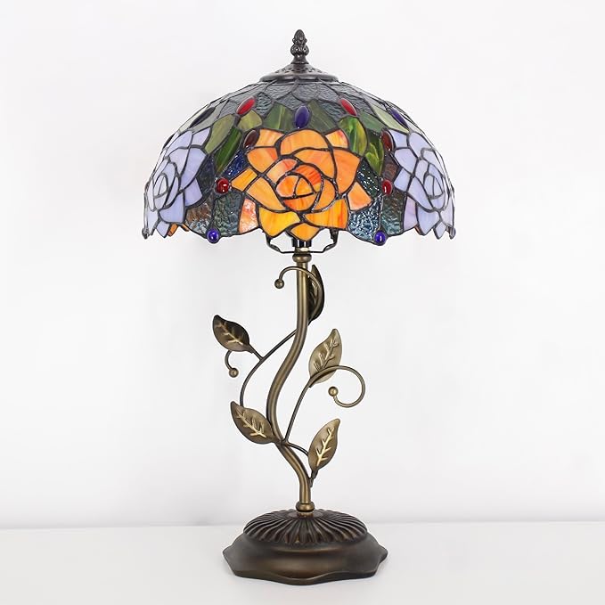 Tiffany Lamp Orange Red Rose Flower Stained Glass Table Lamp Desk Bedside Reading Light 12X12X19 Inches with Metal Leaf Base Decor Bedroom Living Room