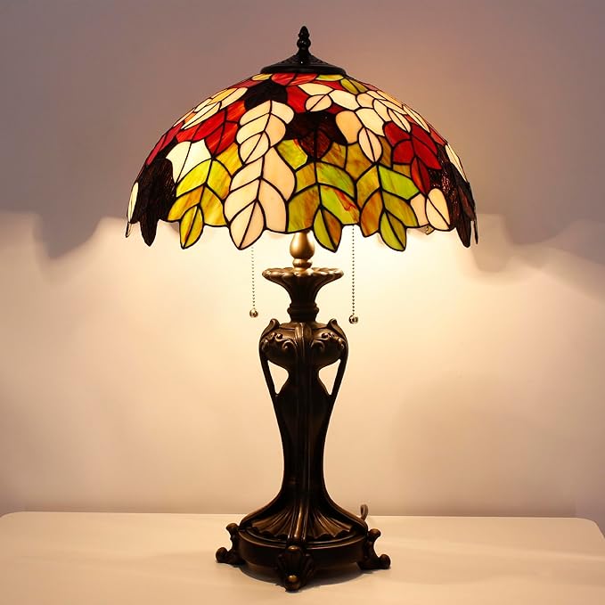 Tiffany Stained Glass Table Lamp 16X16X24 Inch Maple Leaf Style Desk Bedroom Living Room Antique Reading Light (Maple Leaf)