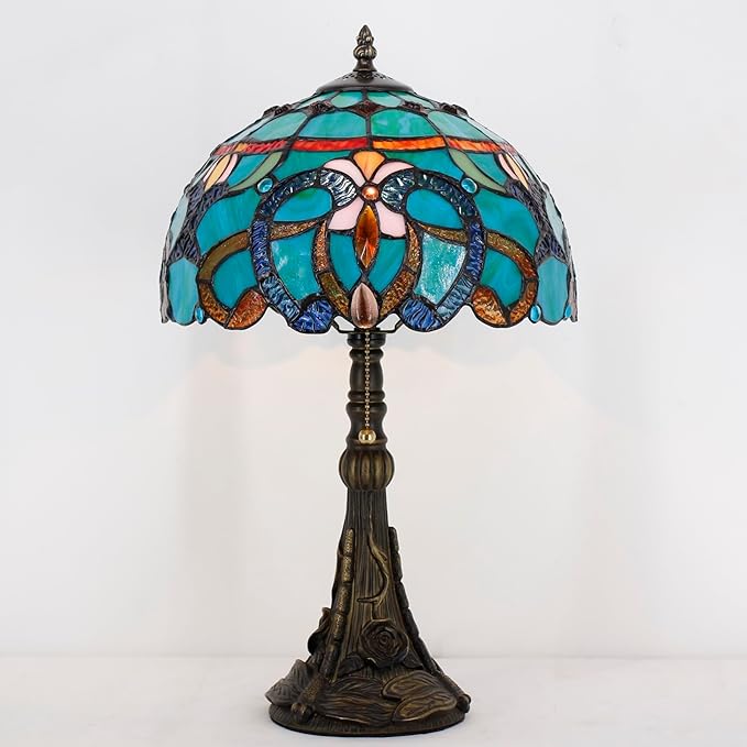 Tiffany Stained Glass Table Lamp 12X12X19 Inch Green Brown Jewelry Baroque Style Desk Bedroom Living Room Reading Light (Green Baroque)