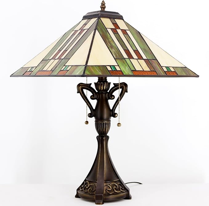 Tiffany Table Lamp Stained Glass Blue White Brown Square Mission Style Desk Reading Light 16X16X24 Inch for Bedroom Living Room Home Office