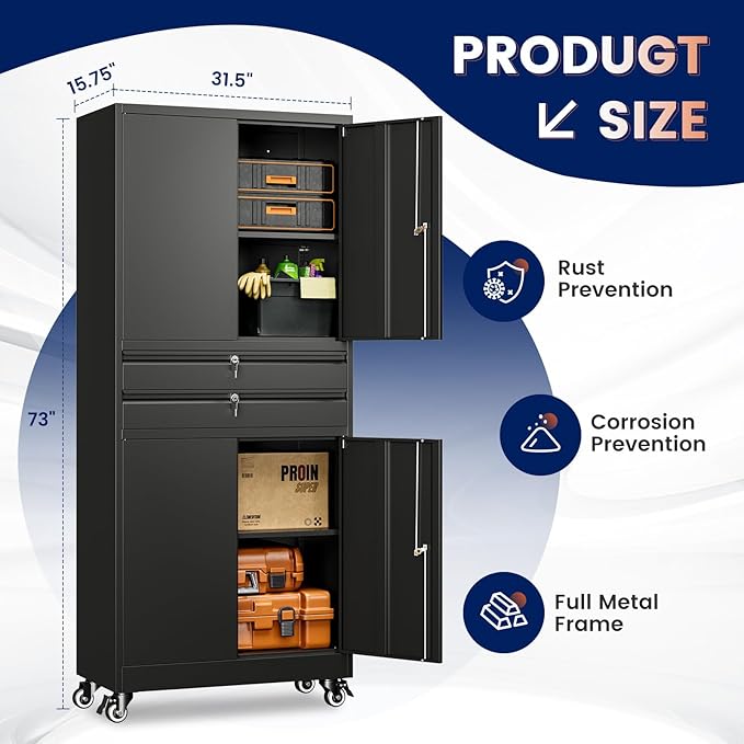 Yizosh Metal Garage Storage Cabinet with Locking Doors and Adjustable Shelves, 74" Rolling Tool Storage Cabinet with 4 Wheels and 2 Drawer for Garage,Warehouse