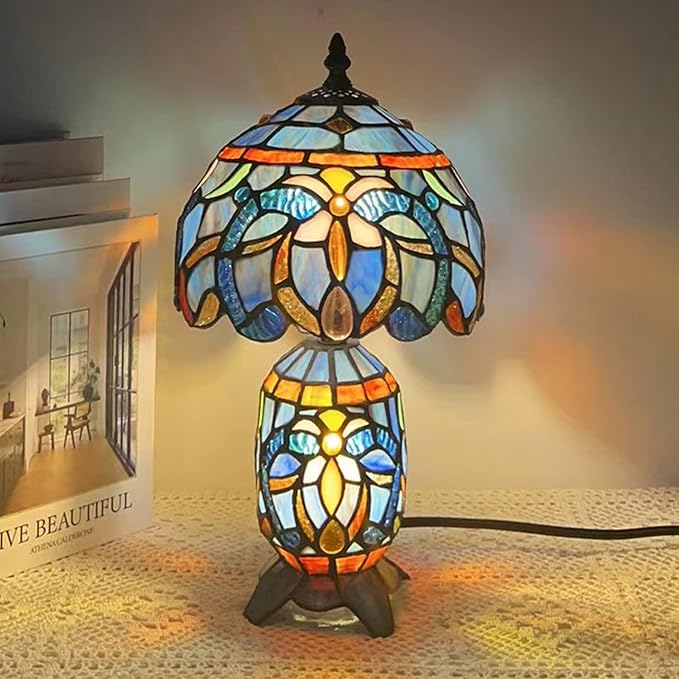 Small Tiffany Lamp Stained Glass Table Lamp Mini Mother Daughter Vase Desk Accent Night Light for Bedroom Bedside Reading Home Antique Style 8X14 Inches (Blue Purple)
