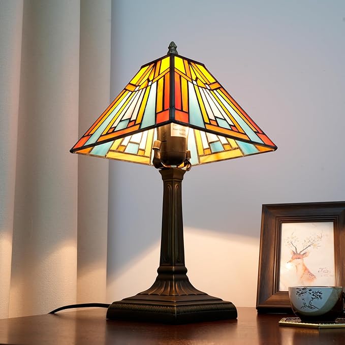 Tiffany Table Lamp Amber Brown Stained Glass Lamp Mission Style Antique Desk Beside Reading Lamp for Office Home Living Room Bedroom