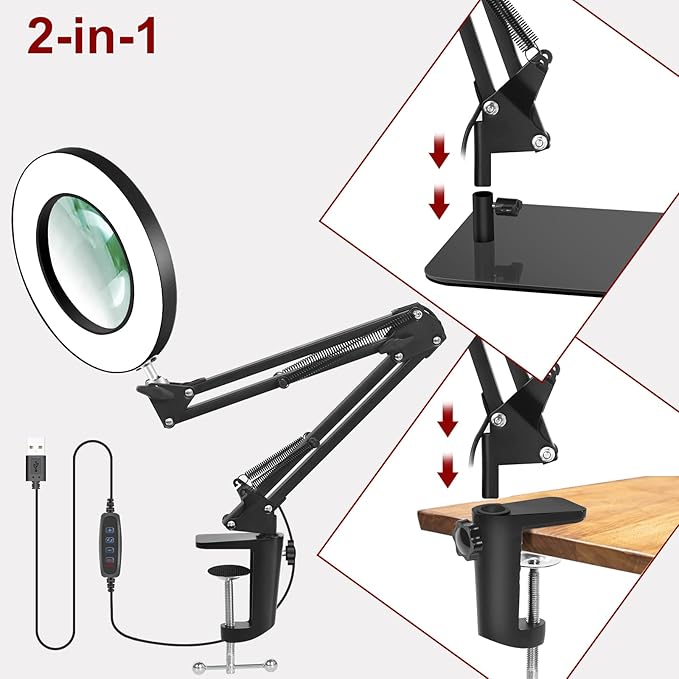 Lighted Magnifying Glass with Light and Stand, 12X Magnifier with Light Hands Free, 5 Color Modes LED Work Lighted, 2-in-1 Magnifying Lamp for Reading Craft Hobby Painting Sewing Close Work