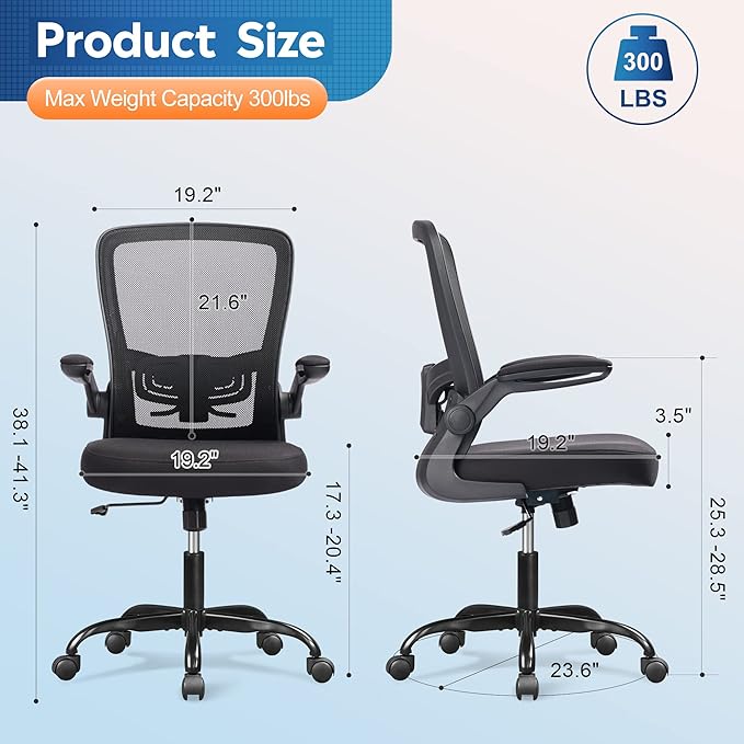 DEVAISE Office Chair, Ergonomic Desk Chair with Flip-up Armrests and Lumbar Support,Home Desk Chair Comfy with Adjustable Office Chair 300 lb Capacity, Black