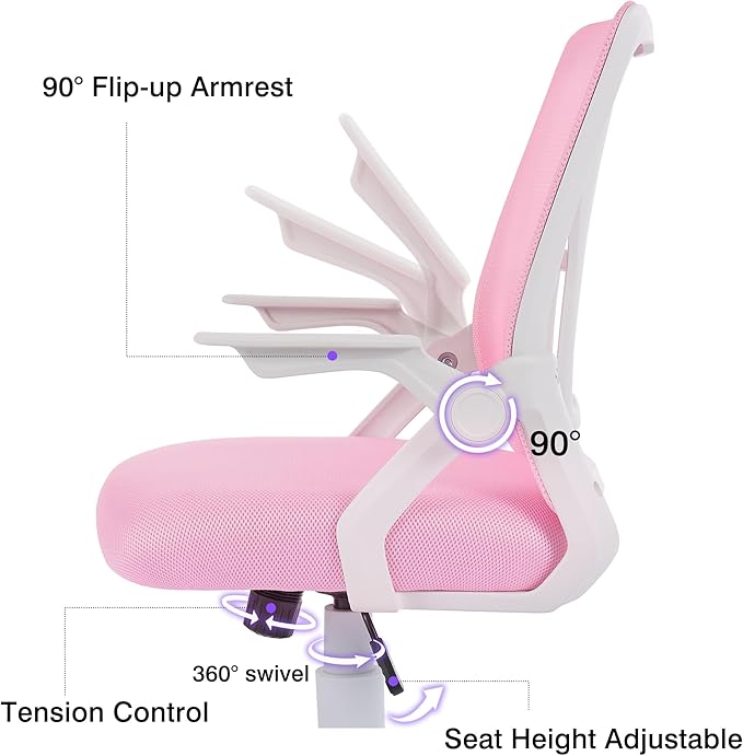 VECELO Mid-Back Swivel Ergonomic Office Chair with Adjustable Arms Mesh Lumbar Support for Computer Task Work, Pink