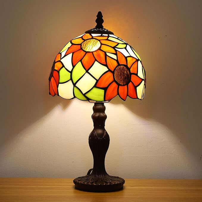 Tiffany Small Table Lamp Sunflower 3-Way Color Temperatures Stained Glass Table Lamps for Living Room Bedroom Bedside Nightstand Night Light Home Office Desk Lamp W/LED Bulb 8X8X15Inch