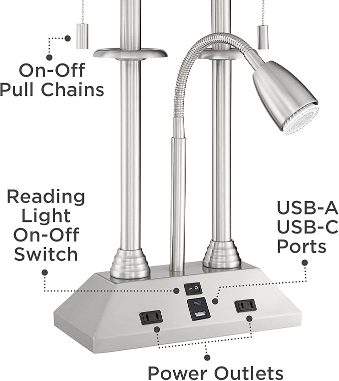 Possini Euro Design Dexter Modern Table Lamp 26" High with USB and AC Power Outlet in Base Brushed Nickel LED Reading Light White Linen Shade for Bedroom Living Room House Desk Bedside Nightstand