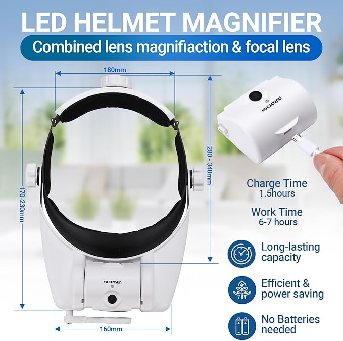 YOCTOSUN Magnifying Glasses with Light 1X-14X, Rechargeable LED Headband Magnifier with 6 Lenses and Storage Case, Hands Free Head Magnifying Visor for Close Work, Sewing, Crafts,Jewelry