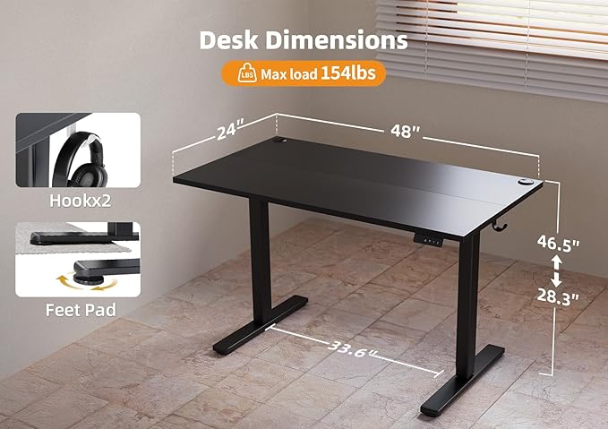 Seang Standing Desk with Adjustable Height, 48x24 Inch Electric Stand Up Desk for Home Office, Studio, Computer Workstation, Black Top