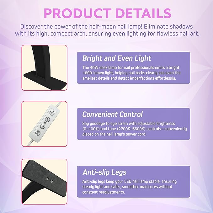 Half Moon Light for Nail Desk, – 2000 Lumen Half Moon Aluminum Table Lamp Nail Desk Lamp with Wire Controller & Remote, LED Brightness for Beauty Tattoo Crafts, Eyelash Makeup, Lash Tech Black