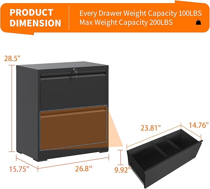 Lateral File Cabinets 2 Drawer,Metal Lateral Filing Cabinet for Home Office,Wide Steel Storage Commercial Drawer Cabinet for Legal/Letter/A4 Size Assembly Required