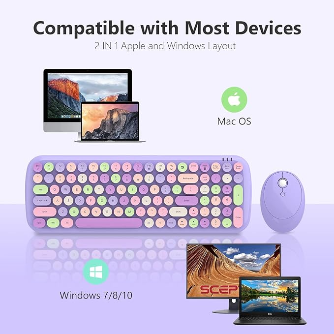 Wireless Keyboard and Mouse Combo - GEEZER Lilac Purple Round Keycap Keyboard 100 Keys - USB 2.4G Receiver Plug Play Typewriter Keyboards for Windows, PC, Laptop, Desktop