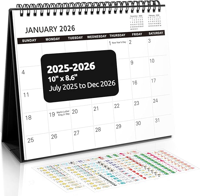 SKYDUE Desk Calendar 2025-2026, Jul 2025 to Dec 2026, 18 Months Small Desk Calendar with Planner Stickers, 10" x 8" Desktop Calendar Planner, Black