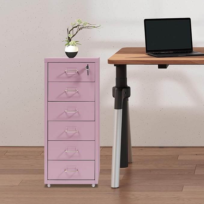 DYRABREST 6 Drawers Rolling File Cabinet, Metal Filing Cabinets with Lock, 27 inch H Vertical Filing Cabinet Under Desk for Home Office, Heavy Duty Metal Storage Cabinet for A4/Letter/Legal Size File