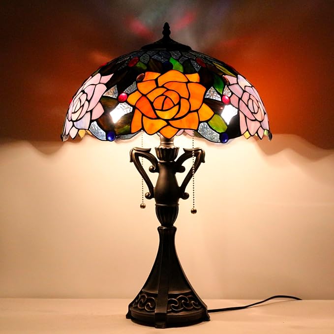Tiffany Table Lamp 24 Inch High Antique Stained Glass Purple Orange Rose Flower Desk Reading Light Wide 16 Inch for Bedroom Living Room Home Office