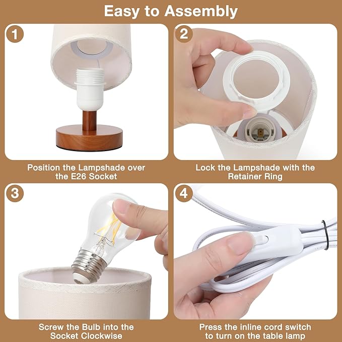 Small Table Lamp for Bedroom - Inline Control, Bedside Lamp with 3000K A15 LED Blub, Easy Assembly (Beige Shade - Walnut Base, 9" Inline Control)
