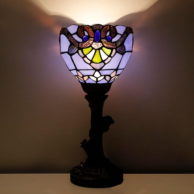Small Tiffany Lamp Stained Glass Table Lamp Desk Uplight 6X6X13.5 Inch for Bedroom Bedside Office (Blue Baroque)