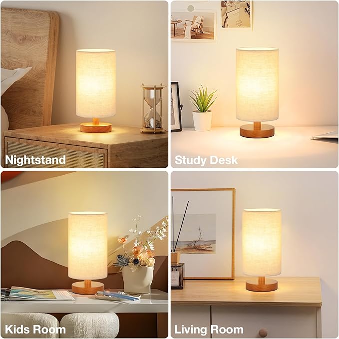 Small Table Lamp for Bedroom - Inline Control, Bedside Lamp with 3000K A15 LED Blub, Easy Assembly (Beige Shade - Walnut Base, 9" Inline Control)