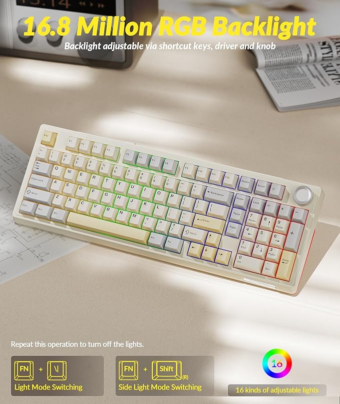 SOLAKAKA KI99 Pro 96% Wireless Mechanical Keyboard, RGB Gaming Keyboard, Hot-Swappable Pre-Lubed Switches, Gasket Structure Creamy Keyboards (Beige-White, Non-Silent Version)