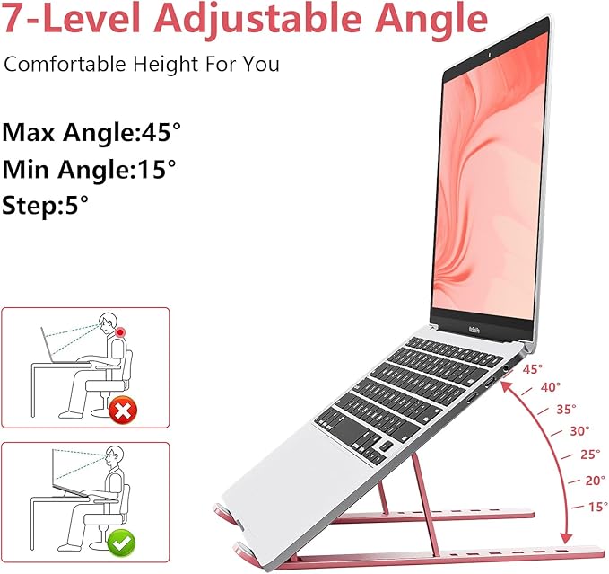 Laptop Stand for Desk, Aluminum Metal MacBook Stand,Computer Riser for Desk, Portable Foldable Adjustable Notebook Holder, Compatible with 10-15.6 Inch Laptops, iPad, Rose Gold.