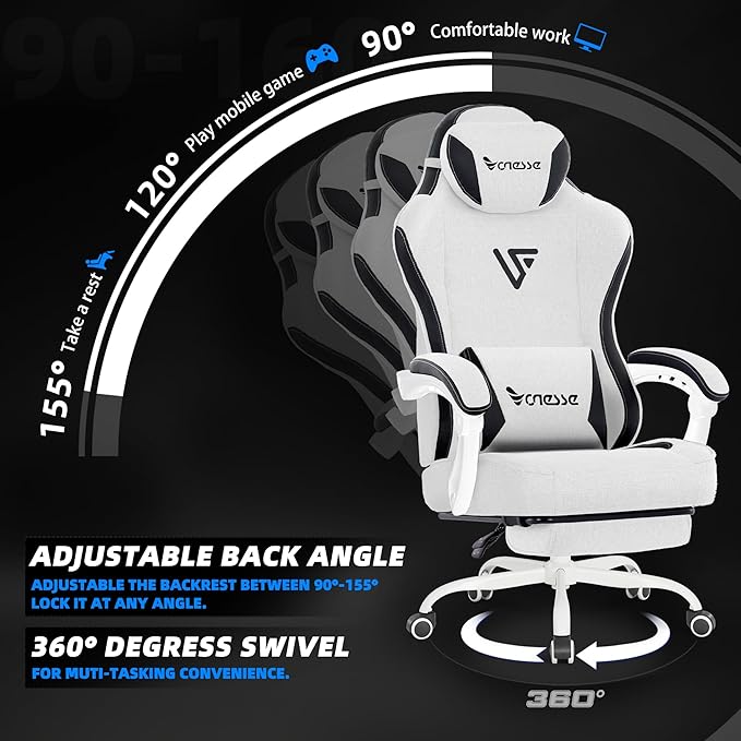 Vonesse Gaming Chair, Computer Chair Fabric with Pocket Spring Cushion, Office Chair with Footrest and Massage Lumbar Support, Reclining Gaming Chairs for Adults 250LBS (Beige White)
