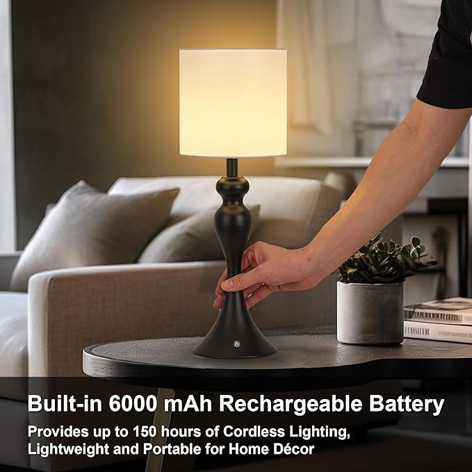 Table Lamp for Bedroom, Cordless Bedside Lamps for Living Room, Touch 3-Way Dimmable Desk Lamp for Night Stands, Rechargeable, Battery Operated Lamp with Fabric Shade for Dorm, Home Office (Black)