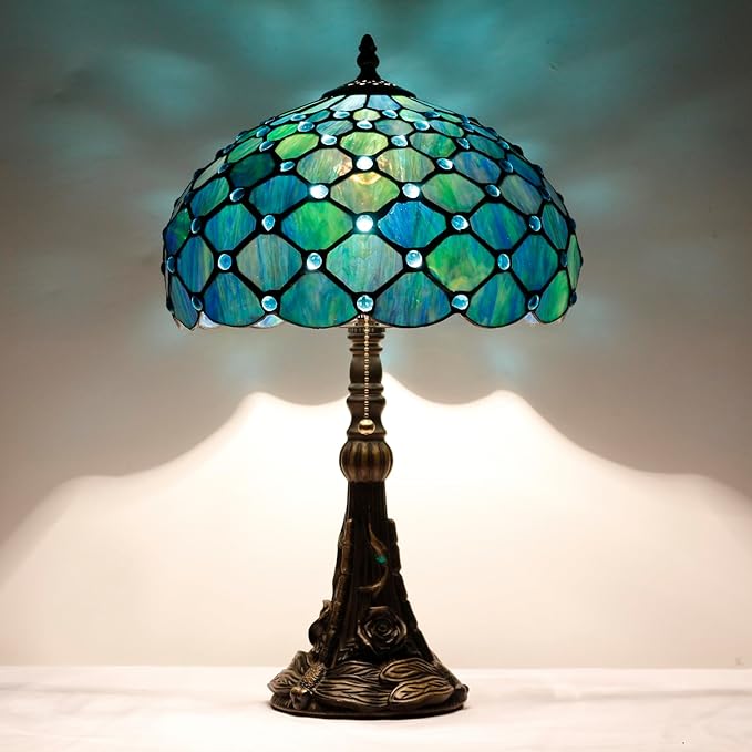 Tiffany Stained Glass Table Lamp 12X12X19 Inch Sea Blue Pearl Style Desk Bedroom Living Room Reading Light (Sea Blue Pearl)